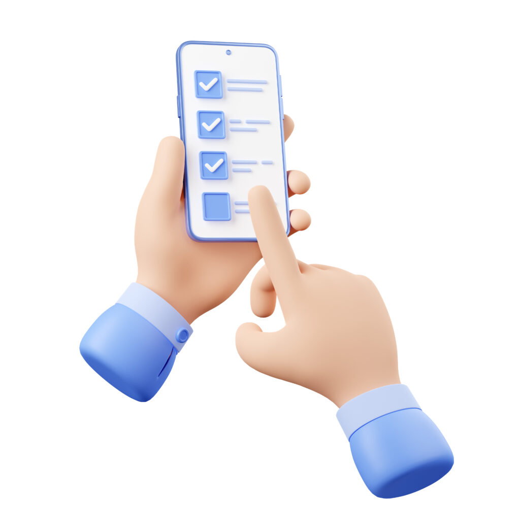 3d render smartphone with hand fill online survey aplicación movil